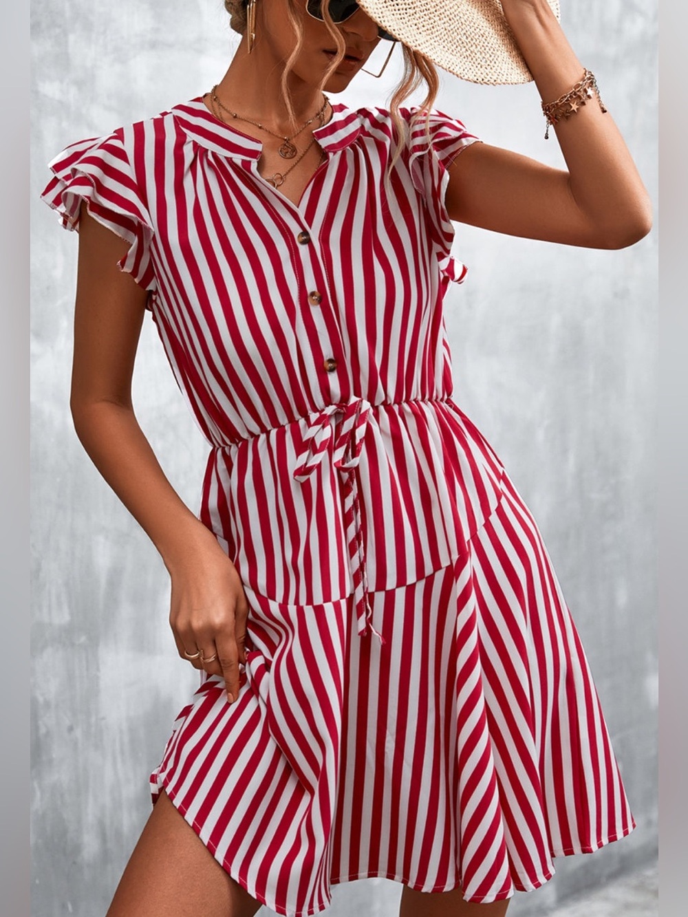 Heyson-Ruffled Striped Mauve & White Cap Sleeve Mini Dress NWT
